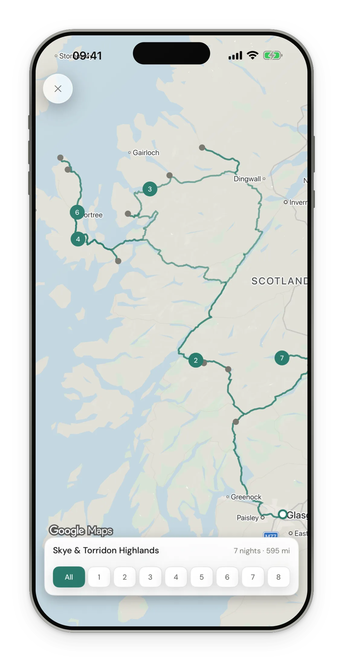 The trip map on iPhone with every overnight plotted and a day scrubber along the bottom.