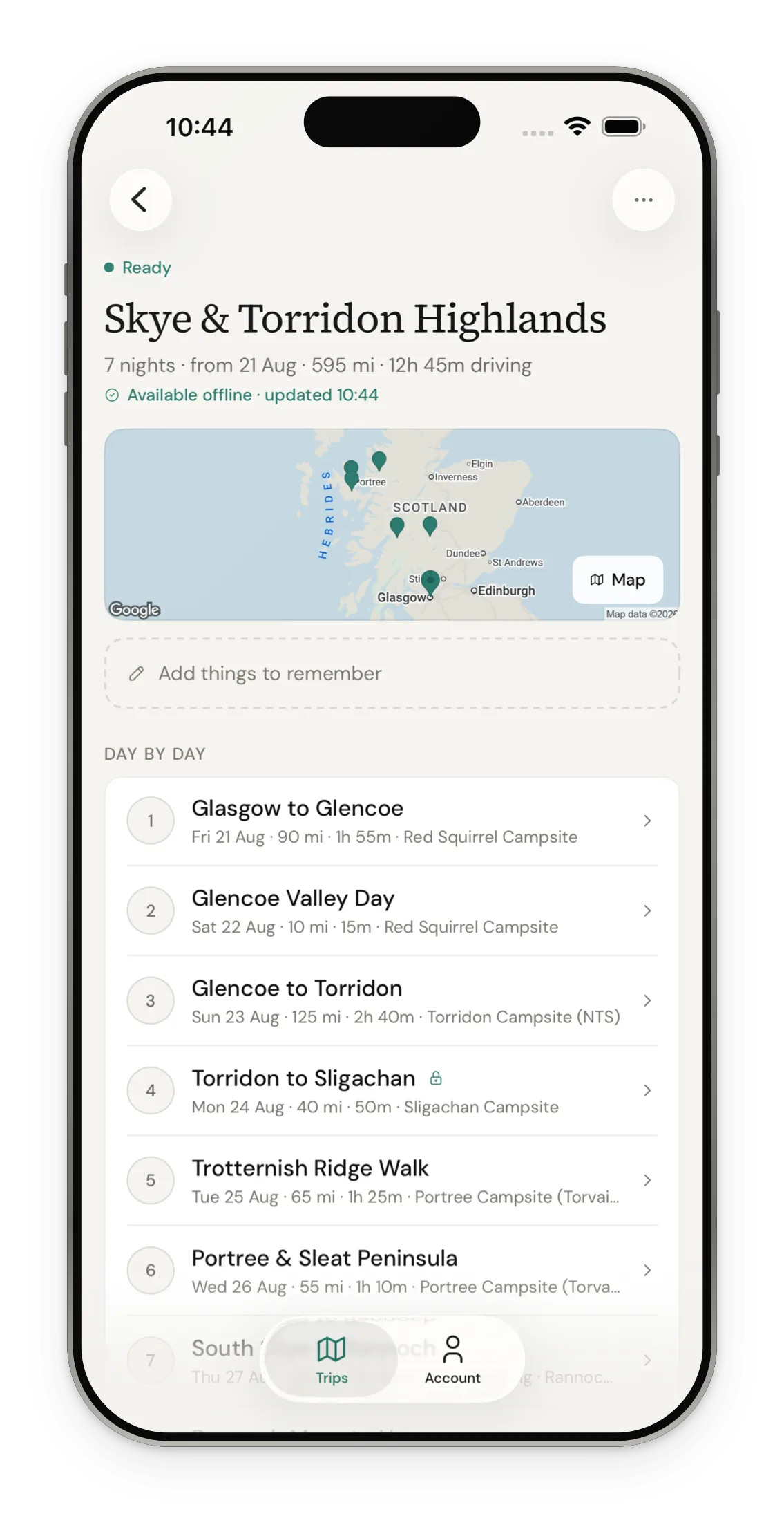A trip overview on iPhone: the route drawn above the day-by-day list for a Skye and Torridon trip.