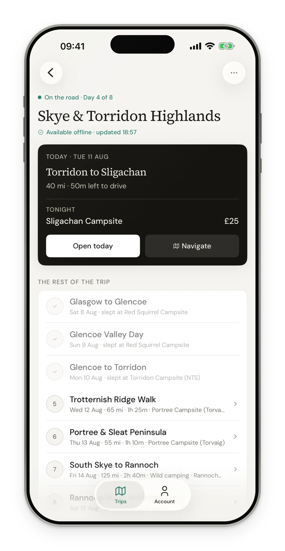 A trip underway on iPhone: Skye and Torridon Highlands, day 4 of 8, marked available offline, with a dark Today card showing today’s drive of 40 miles, tonight at Sligachan Campsite for £25, and Open today and Navigate buttons.