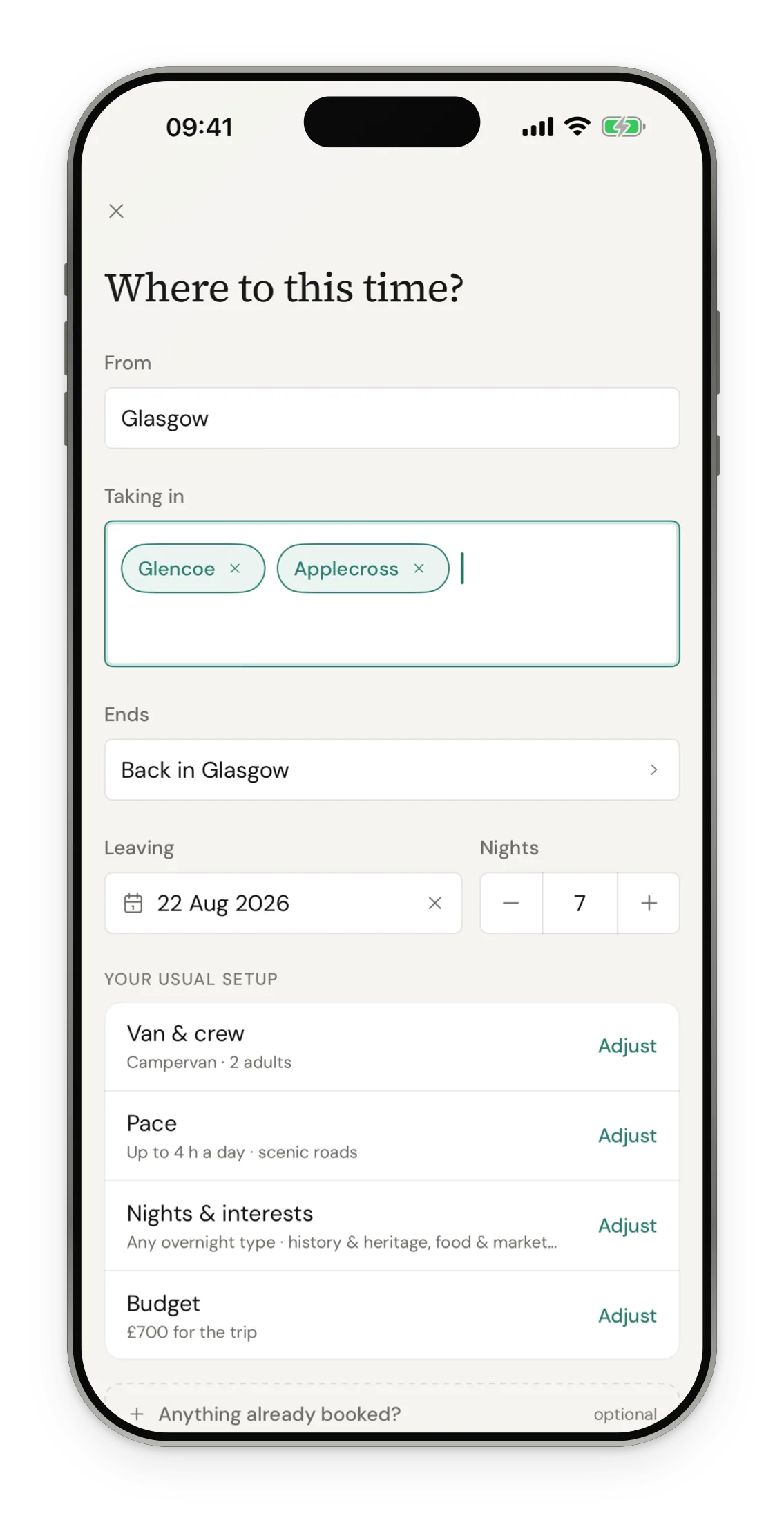 The New trip screen on iPhone: From Glasgow, taking in Glencoe and Applecross, leaving 22 August for 7 nights, with the usual van, pace and budget set below.