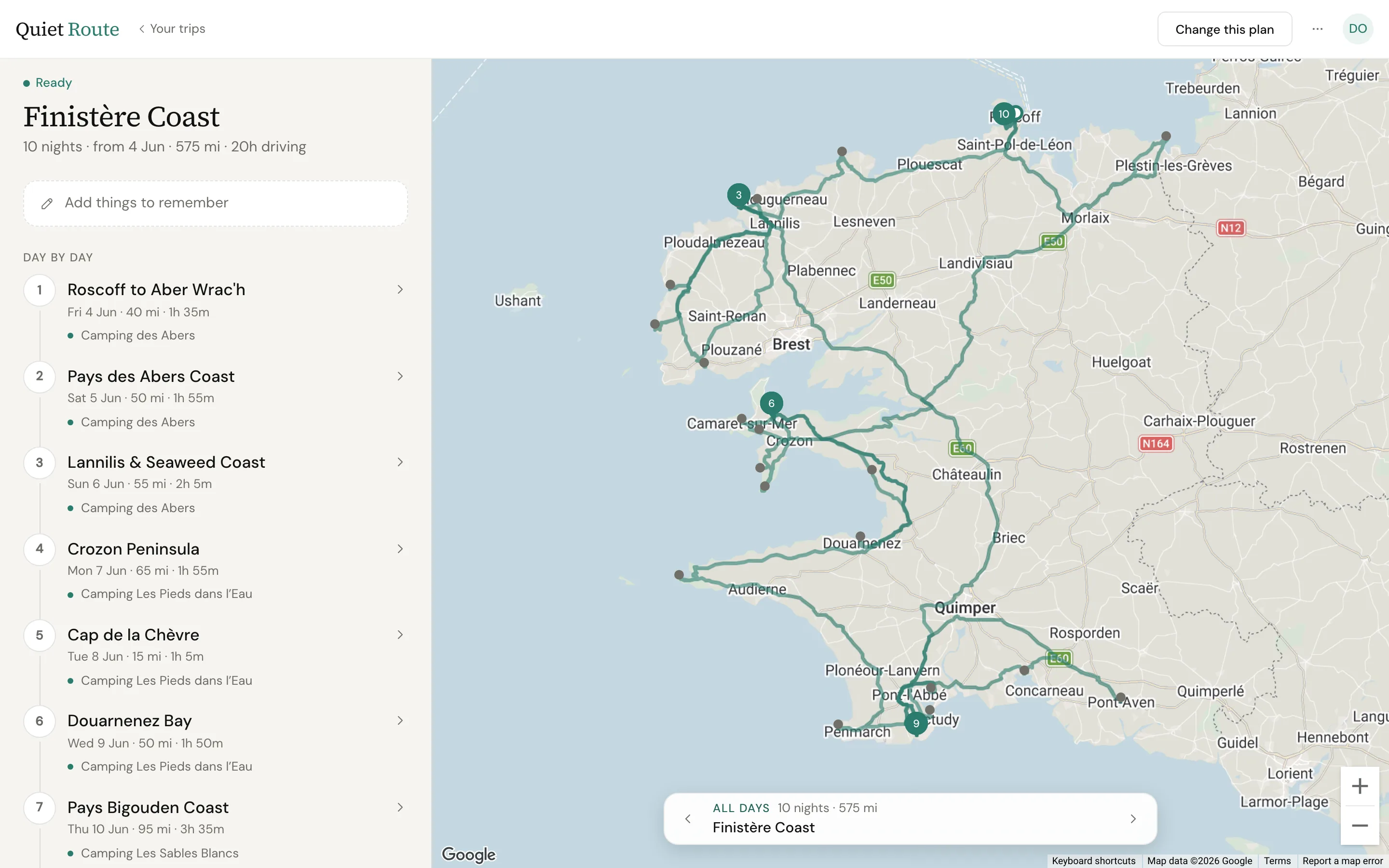 The web app trip view for the Finistère Coast trip in Brittany: ten nights listed down the left, each with its date, miles, driving time and campsite, and the route drawn around the Brittany coast from Roscoff on the map to the right, with Change this plan in the nav.