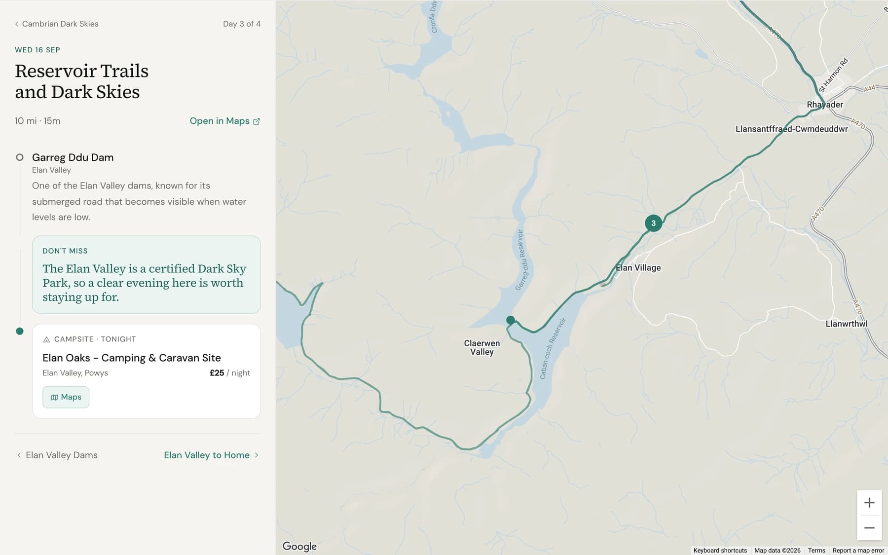 Screenshot of a Quiet Route trip itinerary screen for Day 3 of 4, 'Reservoir Trails and Dark Skies', Wednesday 16 September, showing a route line through the Elan Valley reservoirs from Claerwen Valley up to Rhayader, with a note on Garreg Ddu Dam's submerged road and a campsite card for Elan Oaks - Camping & Caravan Site at £25 per night.
