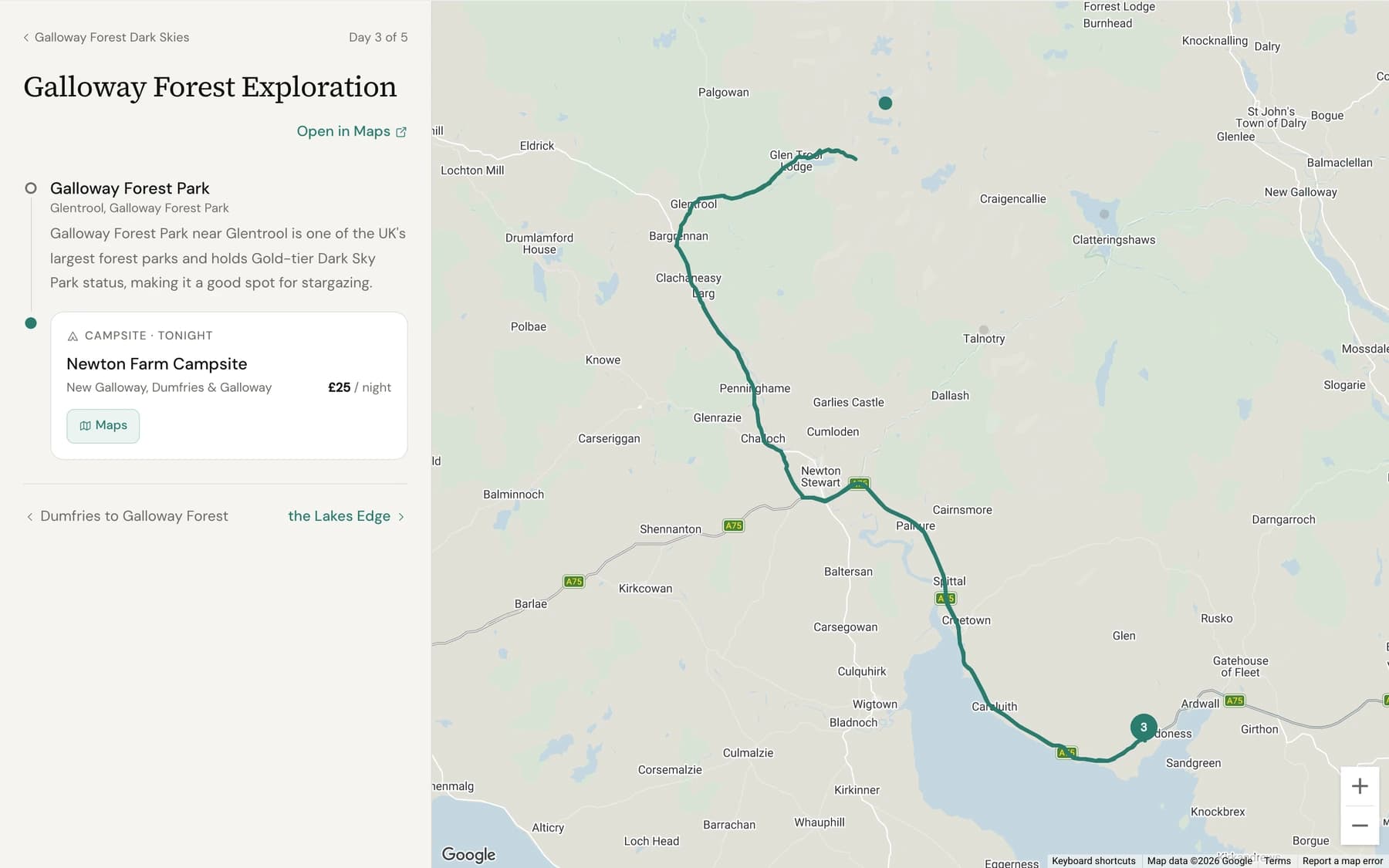 Screenshot of a Quiet Route trip itinerary screen for Day 3 of 5, 'Galloway Forest Exploration', showing a route line on a map from Newton Stewart down through Creetown and Gatehouse of Fleet, with a description of Galloway Forest Park's Gold-tier Dark Sky status and a campsite card for Newton Farm Campsite at £25 per night.
