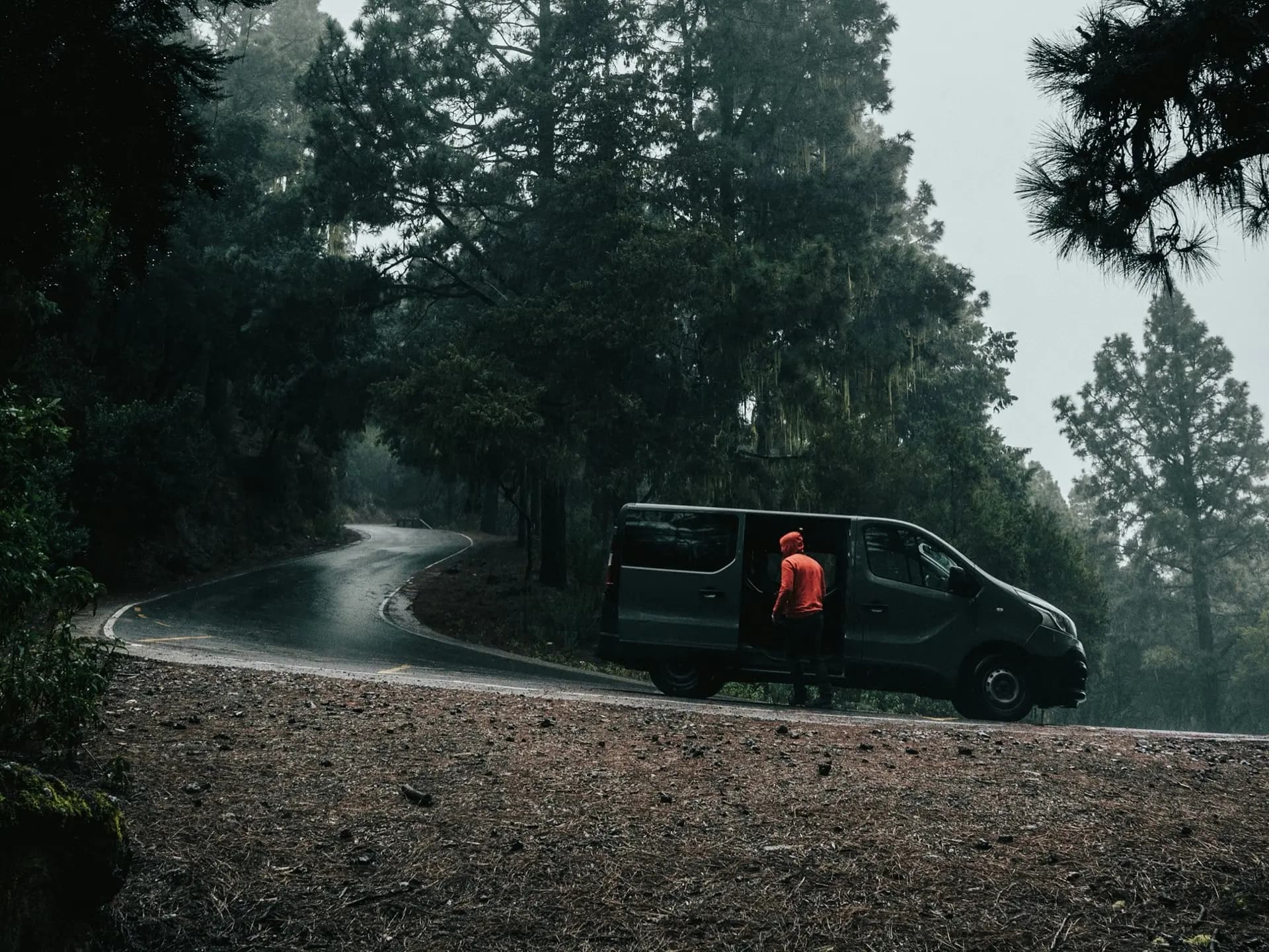 Small grey van pulled over on a wet hairpin through misty pine forest, side door open, a figure in an orange hooded jacket standing at the threshold.