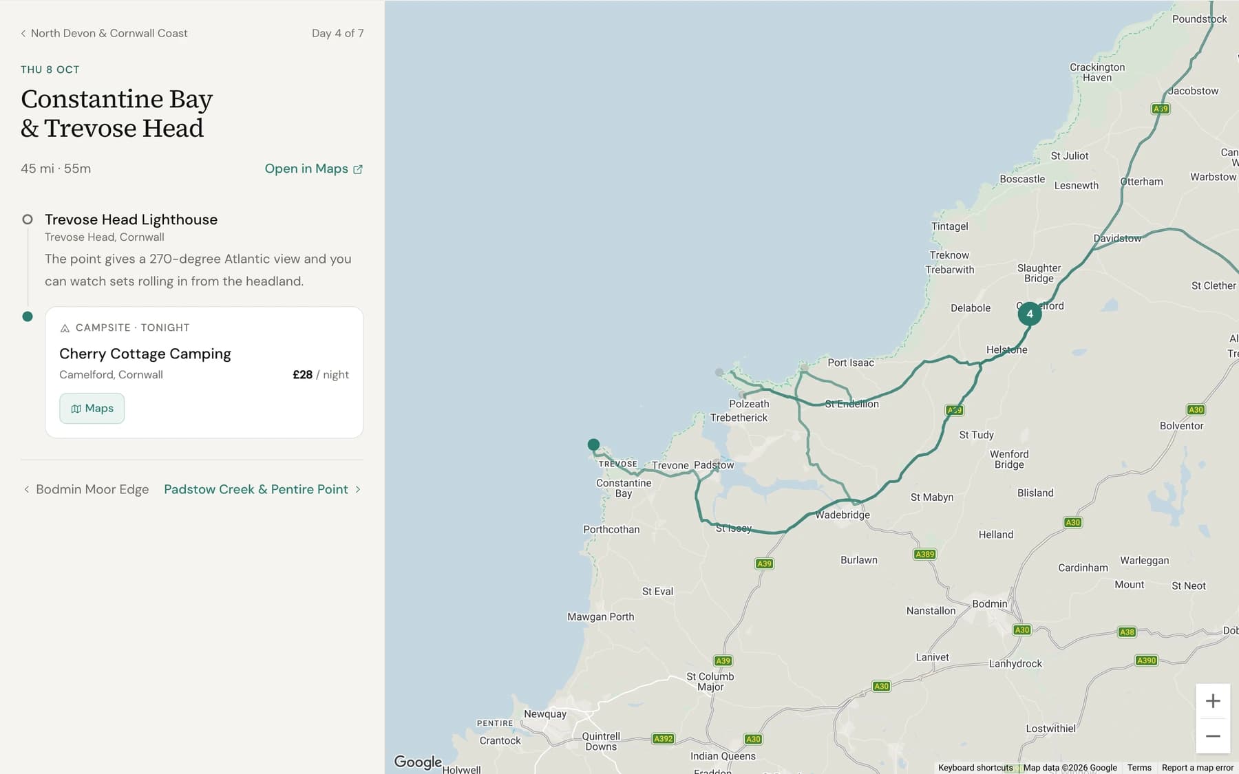 Screenshot of a Quiet Route trip itinerary screen for Day 4 of 7, 'Constantine Bay & Trevose Head', Thursday 8 October, showing a looping route around Padstow, Wadebridge and the north Cornwall coast up to Camelford, with a note on Trevose Head Lighthouse's 270-degree Atlantic view and a campsite card for Cherry Cottage Camping at £28 per night.