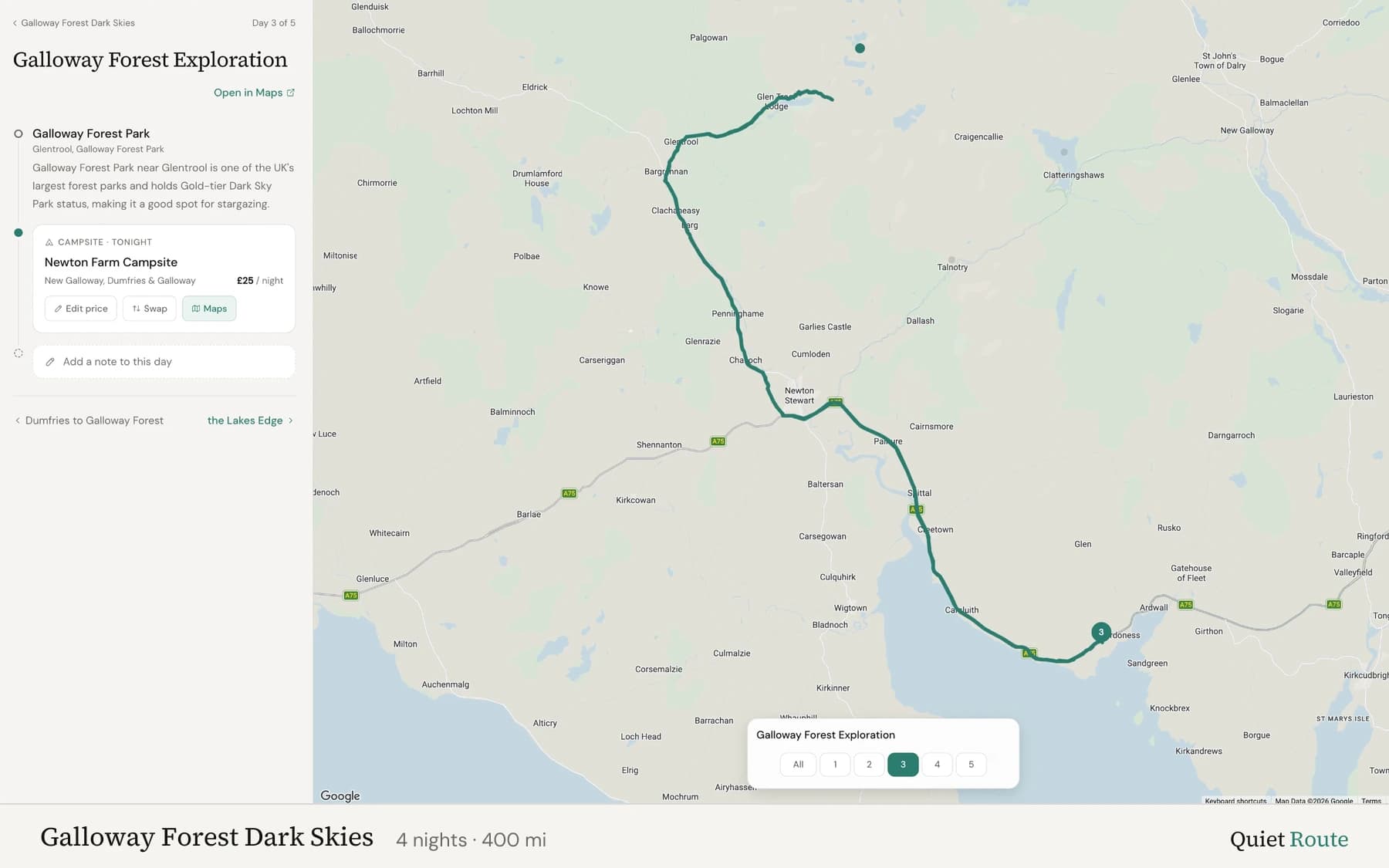 Day 3 of the Galloway Forest Dark Skies trip in the Quiet Route planner: the day view shows a stop at Galloway Forest Park near Glentrool and an overnight at Newton Farm Campsite at £25 a night, beside a map tracing the day's route from Glentrool through Newton Stewart to the coast near Sandgreen.