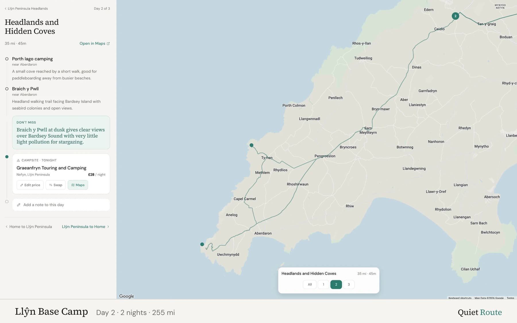 Day 2 of the Llŷn Base Camp trip in the Quiet Route planner: a 35-mile day with stops at Porth Iago and the Braich y Pwll headland near Aberdaron, a note on stargazing over Bardsey Sound, and an overnight at Graeanfryn Touring and Camping near Nefyn at £28 a night, beside a map of the Llŷn Peninsula.
